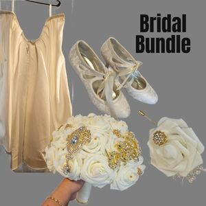 Elegant Bridal Bundle with Dress, Shoes, and Bouquet Ans